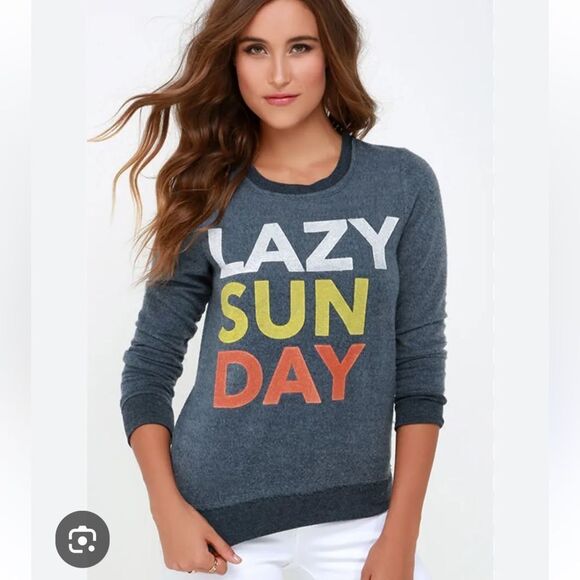 NWT Chaser Lazy Sun Day Graphic Lightweight Soft Sweater Sweatshirt Denim Blue M - Picture 1 of 13